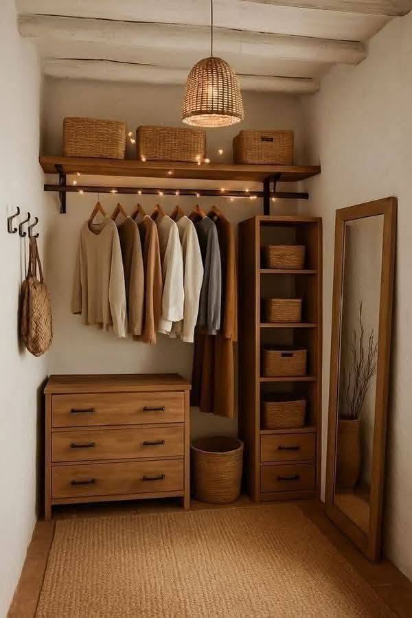 Cozy Minimalist Closet with Wooden Furniture and Warm Lighting